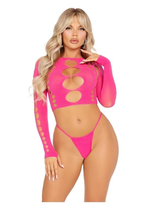 Leg Avenue Seamless Cut Out Long Sleeve Crop Top and G-String Panty - Pink - O/S - Image 2