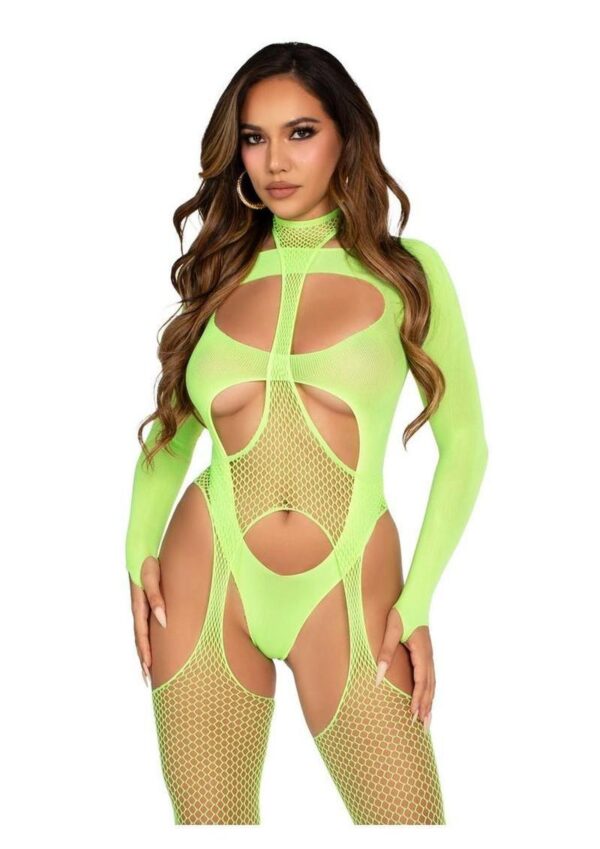 Leg Avenue Fishnet Halter Suspender Bodystocking and Layered Opaque Cut-Out Teddy (2 Piece) - Green - O/S - Image 2