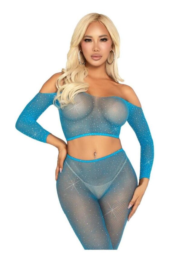 Leg Avenue Rhinestone Fishnet Crop Top and Footless Tights - O/S - Neon Blue - Image 2