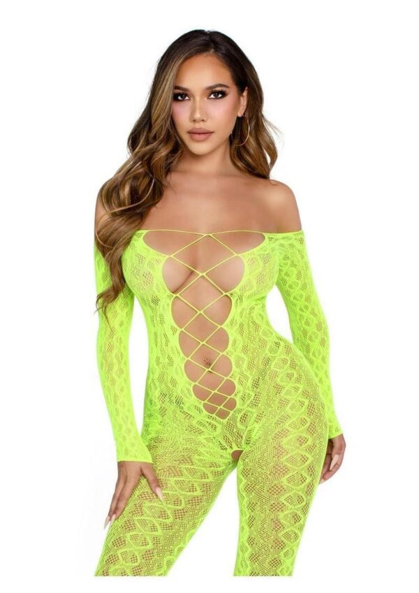Leg Avenue Python Net Crotchless Footless Lingerie Jumpsuit with Faux Lace Up Detail - O/S- Neon Green - Image 2