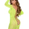 Python Net Crotchless Footless Lingerie Jumpsuit with Faux Lace Up Detail Neon Green O/S