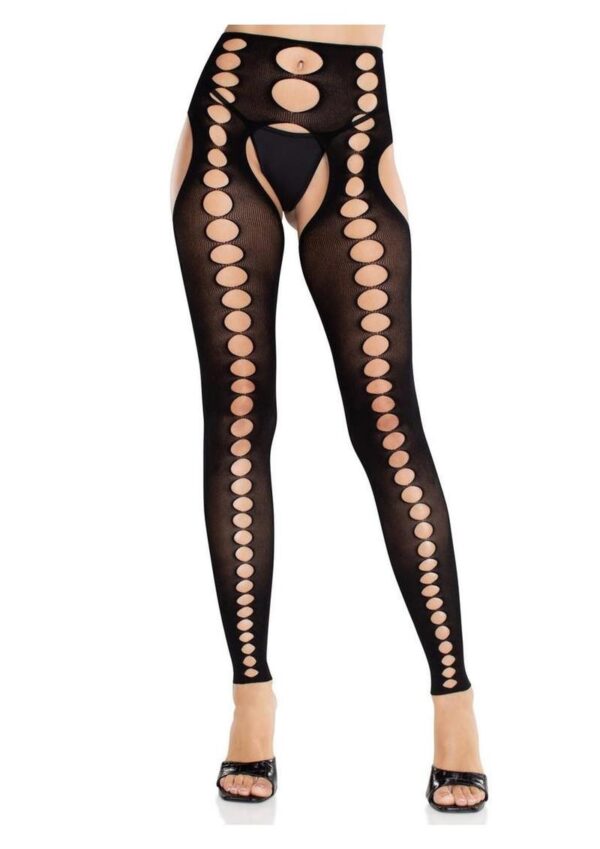 Leg Avenue Seamless Opaque Cut-Out Footless Suspender Hose - Black - O/S - Image 2
