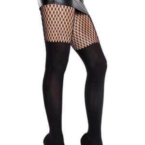 Seamless Opaque Garter Illusion Tights with Net Thigh Detail Black O/S