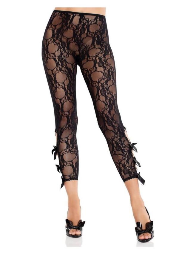 Leg Avenue Scalloped Trimmed Floral Lace Footless Capri Tights with Keyhole Bow Detail - Black - O/S - Image 2