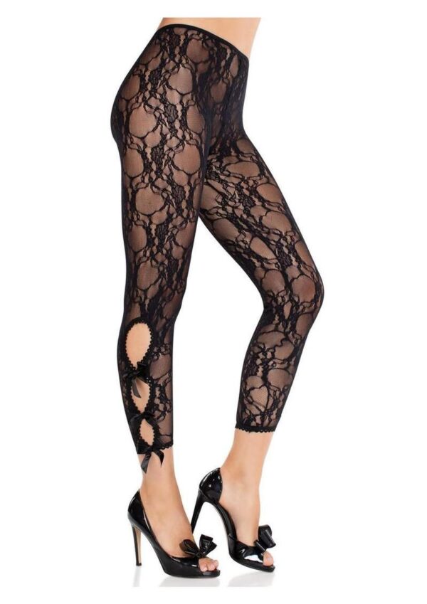 Scalloped Trimmed Floral Lace Footless Capri Tights with Keyhole Bow Detail Black O/S