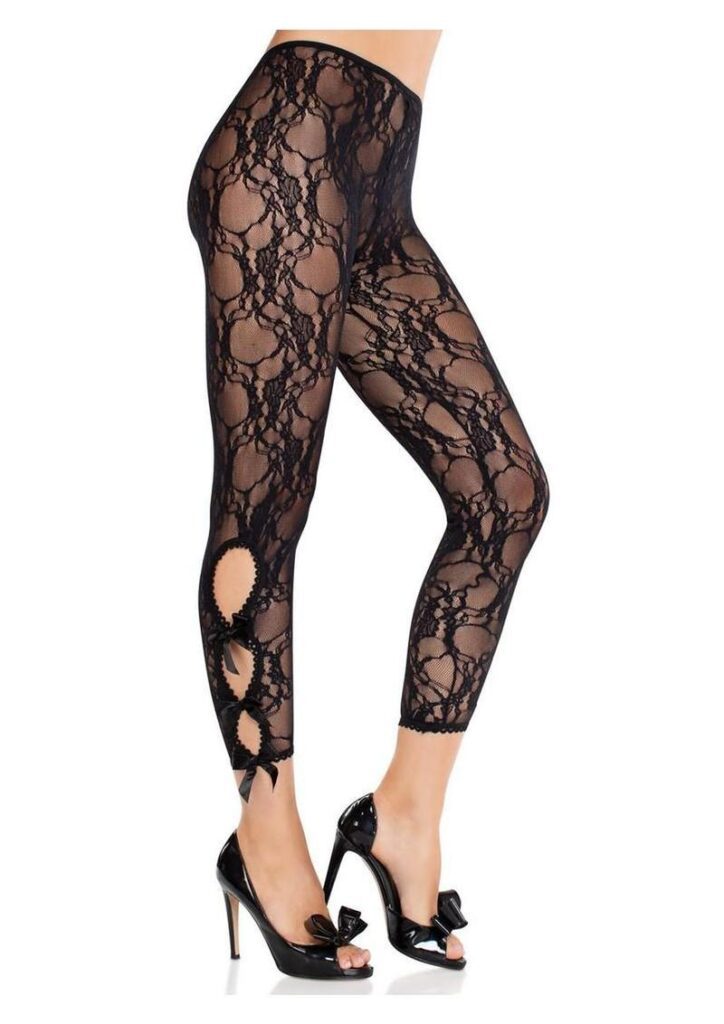 Scalloped Trimmed Floral Lace Footless Capri Tights with Keyhole Bow Detail Black O/S