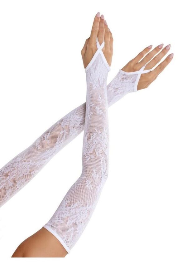 Floral Net Extra Long Gauntlet Arm Warmers White O/S