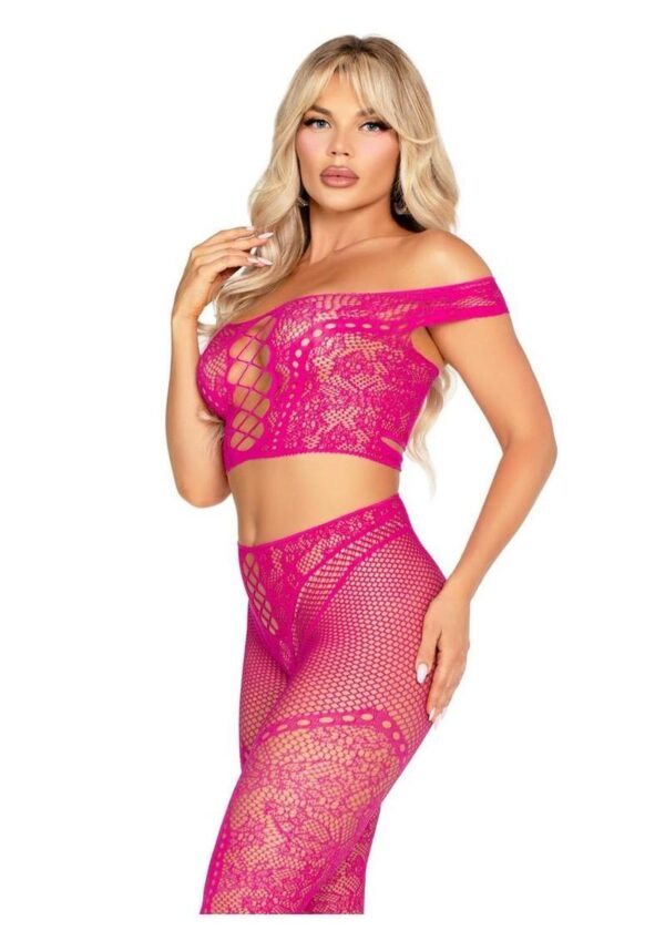 2 PC Net and Lace Off-the-Shoulder Crop Top and Footless Tights Magenta O/S