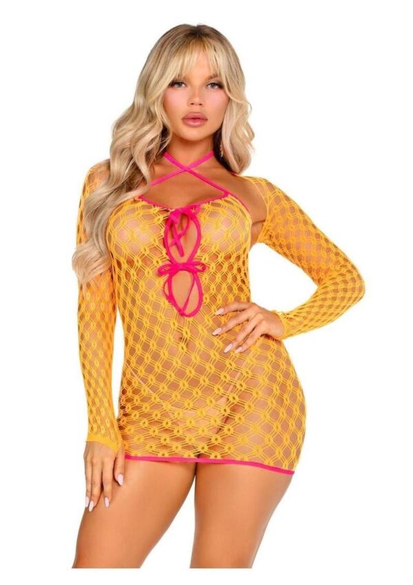 Leg Avenue Eyelet Net Mini Dress with Tie-Front Keyhole Detail and Shrug (2 Piece) - O/S - Image 2