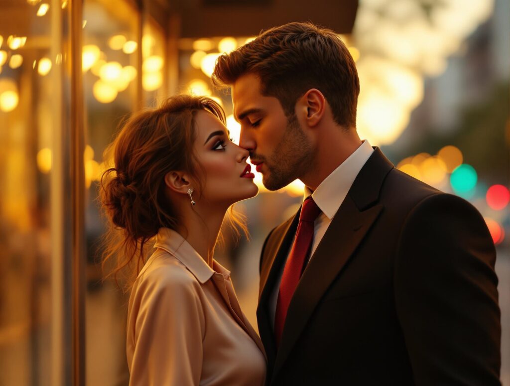 Romantic close-up of a stylish couple about to kiss on a city street at sunset, featuring a woman in a silk blouse and a man in a black suit and red tie, capturing the anticipation and chemistry of a chance encounter from FollowTheBunny’s Bedtime Stories.