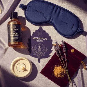 Moumigai Ritual Kit flat lay: sensual massage oil, memory foam mask, Moumigai Ritual card, candle, velvet pouch, lavender, and flower petals arranged on a soft, shimmering background.