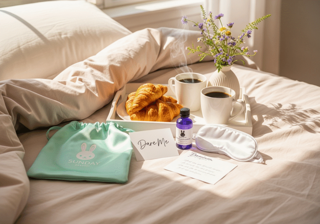 Breakfast-in-bed intimacy kit from FollowTheBunny, featuring croissants, coffee, a “Dare Me” card, massage oil, blindfold, and a pastel bunny pouch for a romantic Sunday morning ritual.