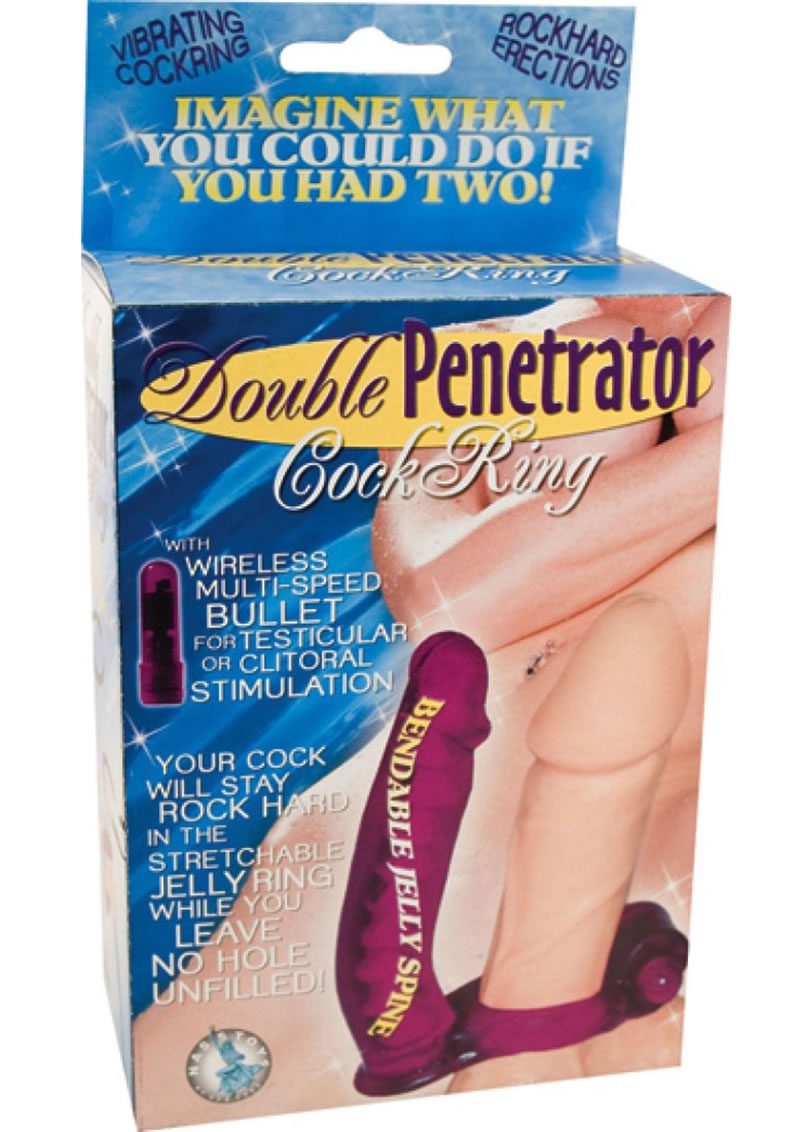 Double Penetrator Vibrating Cock Ring with Bendable Dildo - Purple - Image 2