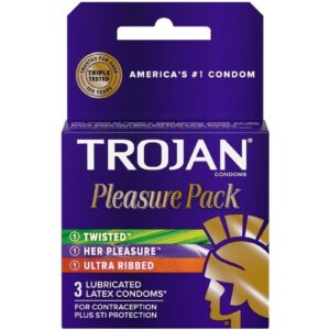 while Her Pleasureandtrade; has ribs and contours to increase her enjoyment. Intense has super deep ribbing and Warming features a warm sensations lube to heat things up. andnbsp; ADDITIONAL FEATURES      Assortment includes: Trojan Twisted Lubricated Condoms