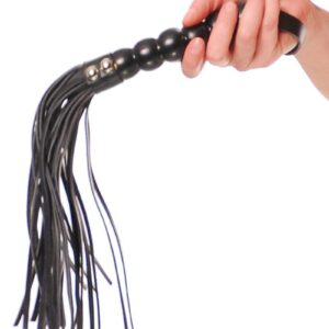 This black 18 cat is sure to make your submissive meee-OW! The wood bead handle has a handy strap and the tresses are an easy-to-use eight inches long. The strap and tresses are made of easy-to-clean
