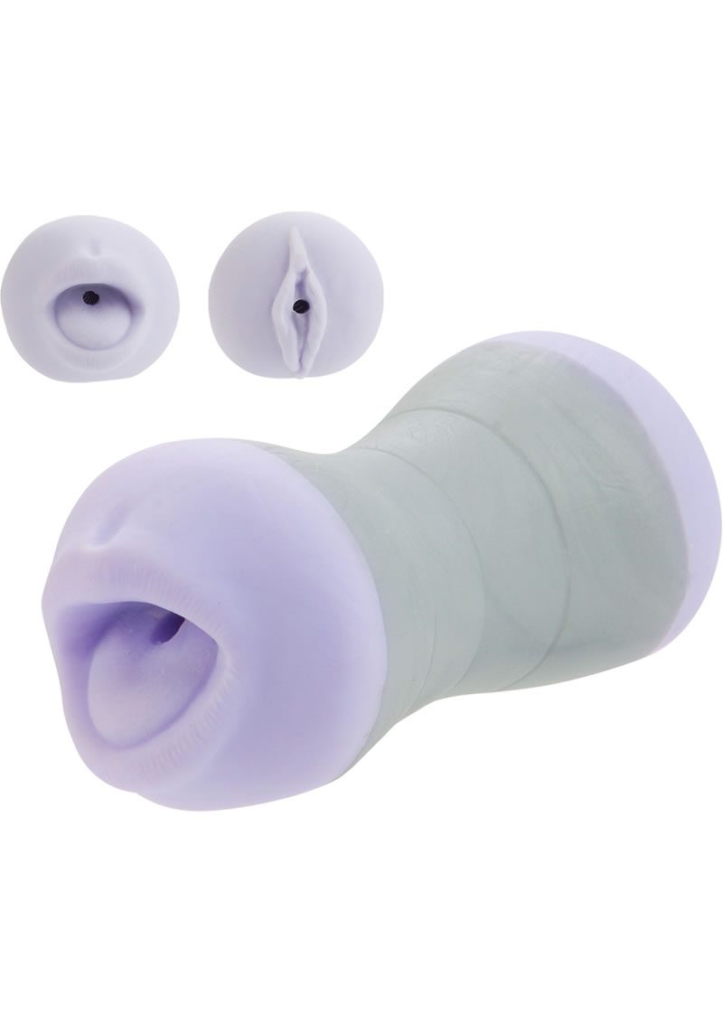 Complete travel sized masturbator with 2 ends. Dual density for the ultimate stroking action. Life-like look and feel. Heavy duty one-piece masturbators with ribbed suction chambers. Unique design for maximum grip. Pure Skin/TPR. 5.5 x 2.5/14 cm x 6.25 cm.