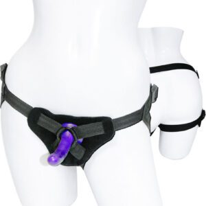 This Strap-on and silicone dildo kit features a four-way adjustable strap-on harness and a slender starter size dildo perfect for beginner peggers.