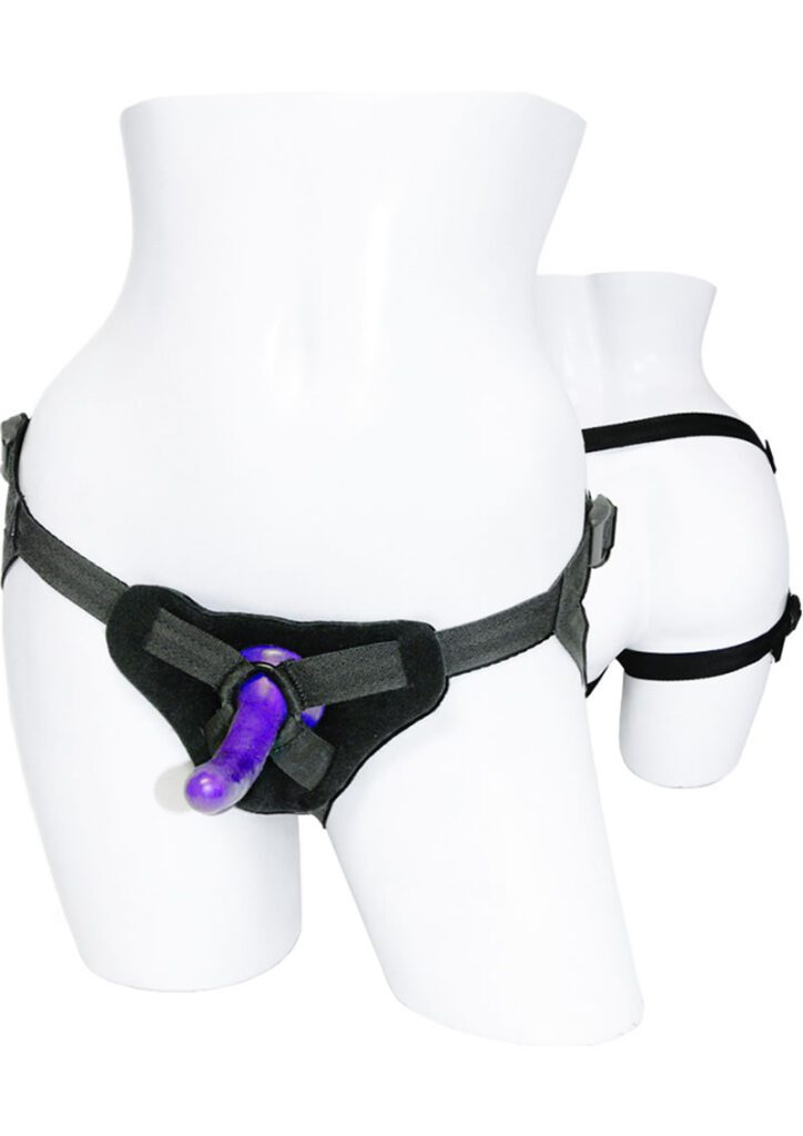 This Strap-on and silicone dildo kit features a four-way adjustable strap-on harness and a slender starter size dildo perfect for beginner peggers.