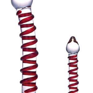 Mr. Swirly is wrapped with a thick red spiral which follows the length of the gently curved