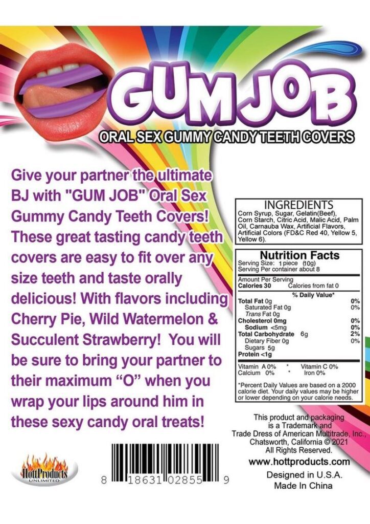 Give your partner the ultimate BJ with GUM JOB Oral Sex Gummy Candy Teeth Covers! These great tasting candy teeth covers are easy to fit over any size teeth and taste orally delicious! With flavors including Cherry Pie