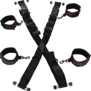 - Cross style over door restraints - Fully adjustable to fit both standard and oversized doors - Sturdy straps and bar hooks for secure over the door placement - Includes totally adjustable and detachable universal wrist and ankle cuffs - Soft and plushy on one side