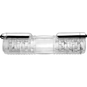 Go head to head with this vibrating double stroker. Powerful dual bullets stimulate the shaft as the stimulating textured interior grips your cock tight. The no-slip texture on the outside lets you get a firm grip