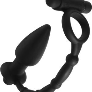 Tease them with double the pleasure...This dual stimulation cock ring and anal plug combo comes to you with devious pleasure for his cock and his ass. Enhance his erection with a vibration ring that connects to a delicious vibrating butt plug