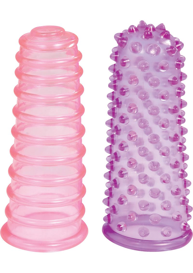 Lust Fingers - Purple. These Lust Fingers give you lust at your fingertips. This two-pack of clit-stims contains a pink ribbed and a purple nubby version. Let your fingers do the talking.