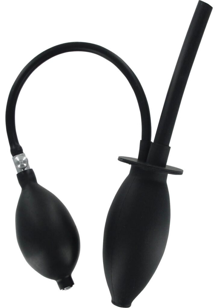 This butt plug has a rubber tube running through it. Fluids can pass through while it is inflated! Once the plug is ed and inflated the large rubber hose can be hooked to an enema bag. When the time comes to administer the enema