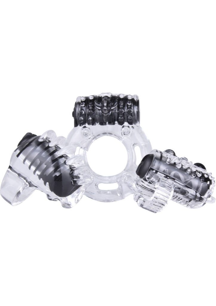 The VibrOman is the ultimate sex toy starter kit for couples exploring vibration in all its forms. This convenient collection offers him a 3-point upgrade with three powerful mini vibes designed to stimulate in very different ways. The mini tongue vibe stretches to fit around his tongue to add a vibrating boost to any cunnilingus session. The mini fingertip vibe sits at the end of any finger and makes it easy to tease