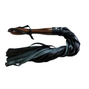 leather flogger with a fine finish wooden handle.