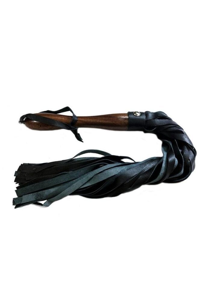 leather flogger with a fine finish wooden handle.