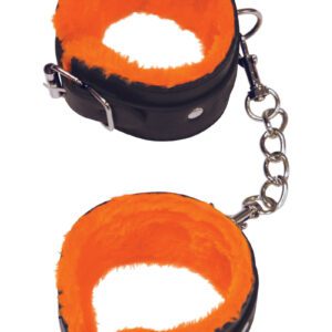 We love these faux-fur lined handcuffs with strong chains and sturdy metal buckles! Wonderful leatherette trim add a sexy orange accent of restraint and style.