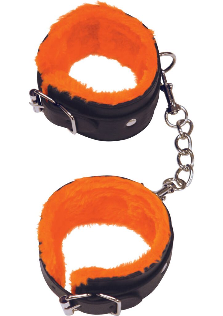 We love these faux-fur lined handcuffs with strong chains and sturdy metal buckles! Wonderful leatherette trim add a sexy orange accent of restraint and style.