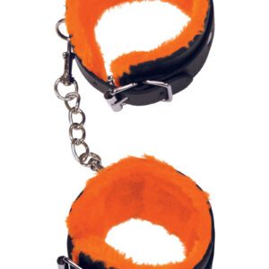 Awesome faux-fur lined leg-cuffs with strong chains and sturdy metal buckles. Wonderful leatherette trim add a sexy orange accent of restraint and style.