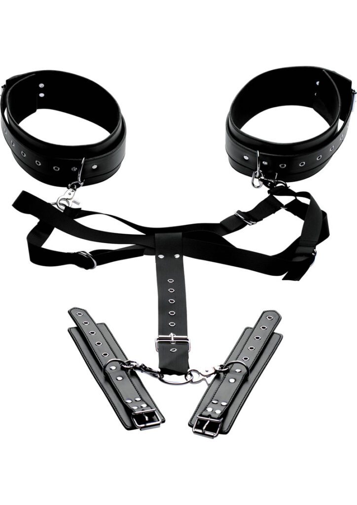Your submissive lover wants to be even more vulnerable to your desires! Put them in this positioning harness to spread their legs open and keep their wrists trapped behind their back. Four points of adjustability allow you to customize the chest harness to your partners size. The elegant ankle and wrist cuffs are also fully adjustable with the buckles. This comfortable positioning aid can be used during foreplay or sex to pleasure your petandhellip; and yourself!Measurements: Back strap adjusts from 5 to 10 inches.Wrist cuffs adjust from 6 to 10 inches in circumference.Thigh cuffs adjust from 13 to 23 inches in circumference.Chest strap adjusts up to 45 inches in circumference. Material:andnbsp;Neoprene