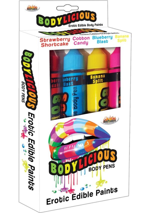 all your intimate desires with BODYLICIOUS Edible Body Pens! These fun amazing tasting edible paints let you write your most intimate fantasies on your favorite body part! The fun only gets hotter as you lick and suck your partner all over for an arousing experience that is sure to get you both hot and ready for some delicious erotic action! Flavors Include: STRAWBERRY SHORTCAKE - COTTON CANDY - BLUEBERRY BLAST - BANANA SPLIT Features:  4 Delicious Flavors Great Taste Easy Clean Up With Warm Water Non-Staining