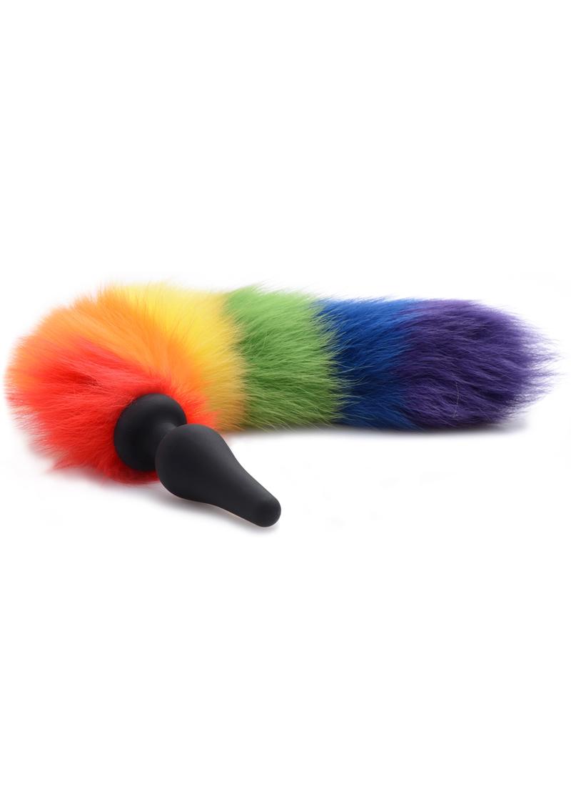 Take your sexual adventures to a fun and playful new place with a rainbow-colored tail plug! The narrow plug has a tapered tip and is made of smooth silicone for an easy ion. Crawl around at your lovers feet to tempt them with your stuffed ass! The tail will sway back and forth with every movement of your hips! This sensual accessory is not compatible with silicone lube. Effectively clean and sterilize with mild soap and warm water after use.Measurements: 17 inches in total length.Plug measures 4.5 inches in length