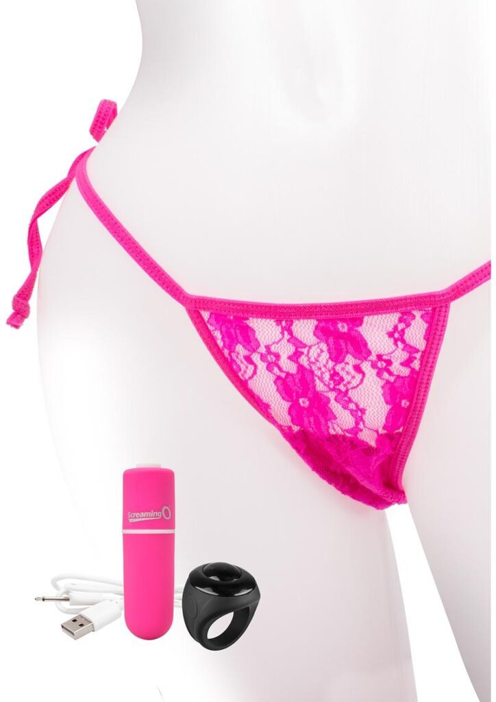 My Secret Vibrating Panty Set puts the power of pleasure at your fingertips  This sexy and subtle mini vibe is powered by a clever remote control that looks like an ordinary finger ring and makes it easy for couples to play in public.    - 10-function bullet fits comfortably into lace panty (included)  - Works from up to 50 feet away  -  Side-tie panty fits up to 60-inch waists  -  Batteries can be changed on both the ring and bullet  - Weight  91 g  - Dimensions  175 x 107 x 37 mm