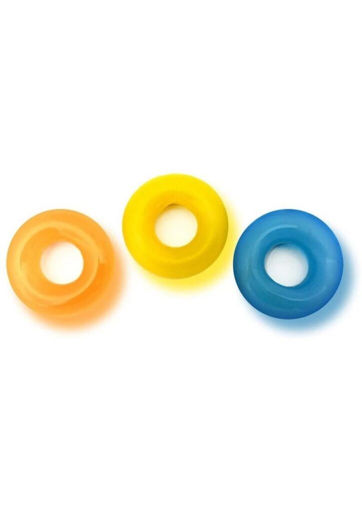 Glow In The Dark Blue Orange Yellow Inner Diameter .7andrdquo; (18mm)Outer Diameter 1.75andrdquo; (44mm)  Extra Thick and Comfortable Strong andamp; Stretchy TPE No-Roll Design Thick Girth for Powerful Erection  Extra thick and comfortable the D-Ring Glow X3 contains the 3 perfect size rings. Each kit contains a blue
