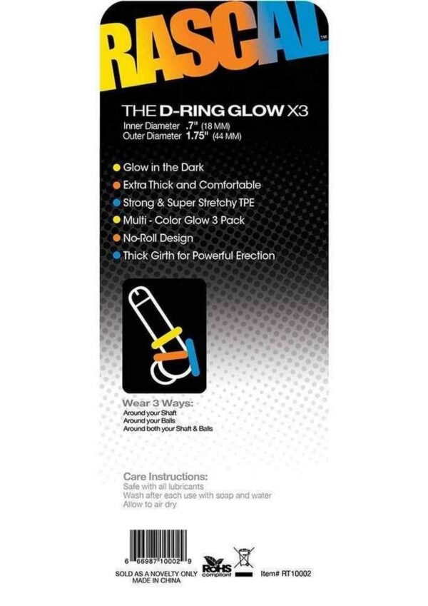 and yellow ring that all glow in the dark. The rings are intended to be worn around cock