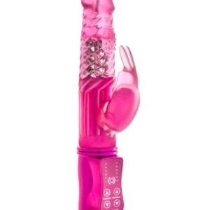 Have a little romp with The Romping Rabbit. This is our favorite beginner`s rabbit. Petite in size with a little over 4 inches of soft gyrating shaft you will thrill at the pleasure the rabbit shaped clit stimulating vibrator. The rotating pleasure beads rotates and reverses its rotation. It`s many patterns of rotating and vibratng will always keep The Romping Rabbit new and refreshing. It`s like having a new lover each time! Clean shaft with soap and water taking care not to drench the controller as this product is only splashproof. Dry with clean cloth. Requires 4 AAA batteries. Not included. We recommend storing your toy in our Safe Sex Antibacterial Toy Bags