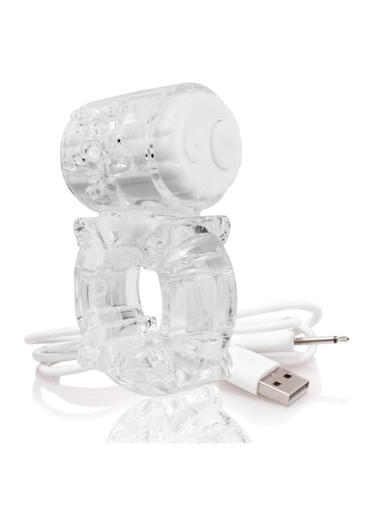 Rechargeable vibrating cock ring   3-speed motor with bonus pulsation   Stretchy ring made from body-safe SEBS   60+ minutes of vibration on a single charge   USB charge cable included