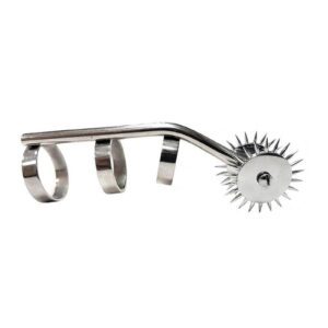 Stainless Steel Cat Claw fits over your finger via three rings. Contains two pinwheels for intense sensations.
