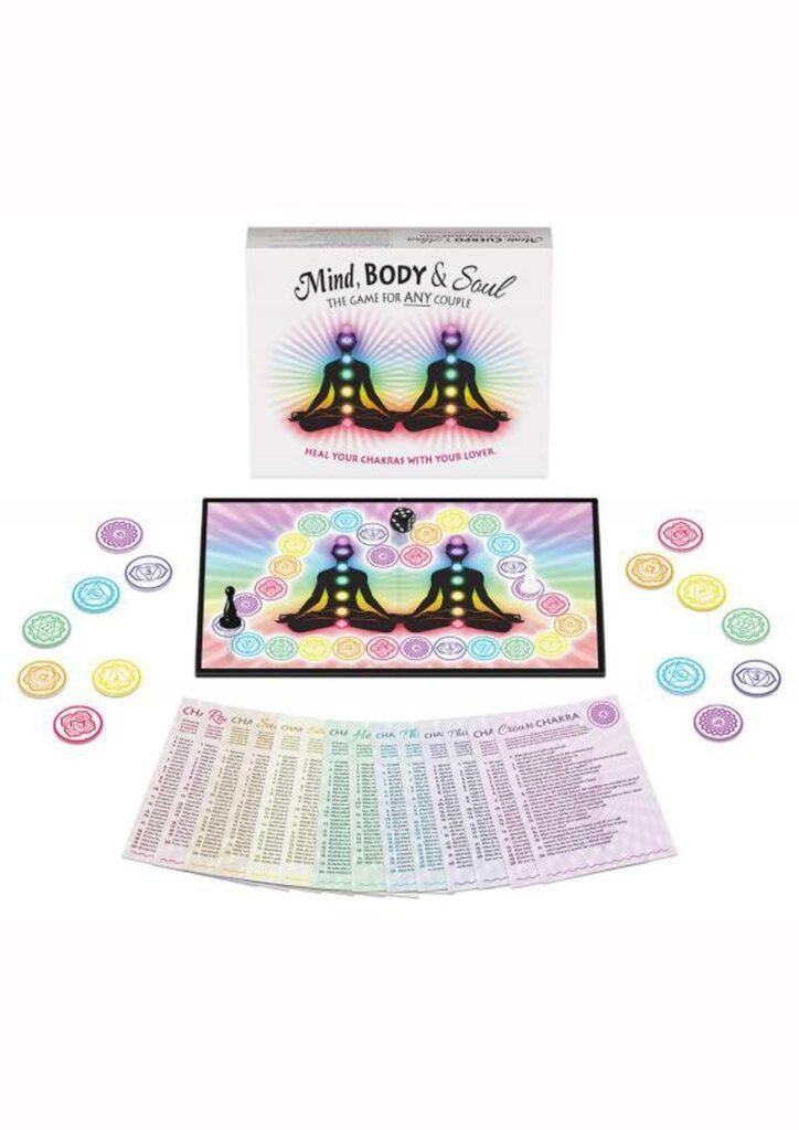 you and your partner ask each other questions designed to open up your chakras. There are 20 questions per card and two sets of cards per the seven chakras to total 240 chakra healing questions. You win by aligning all 7 of your chakras and your partner provides an intimate reward to align your sacral and heart chakras. Includes: A game board
