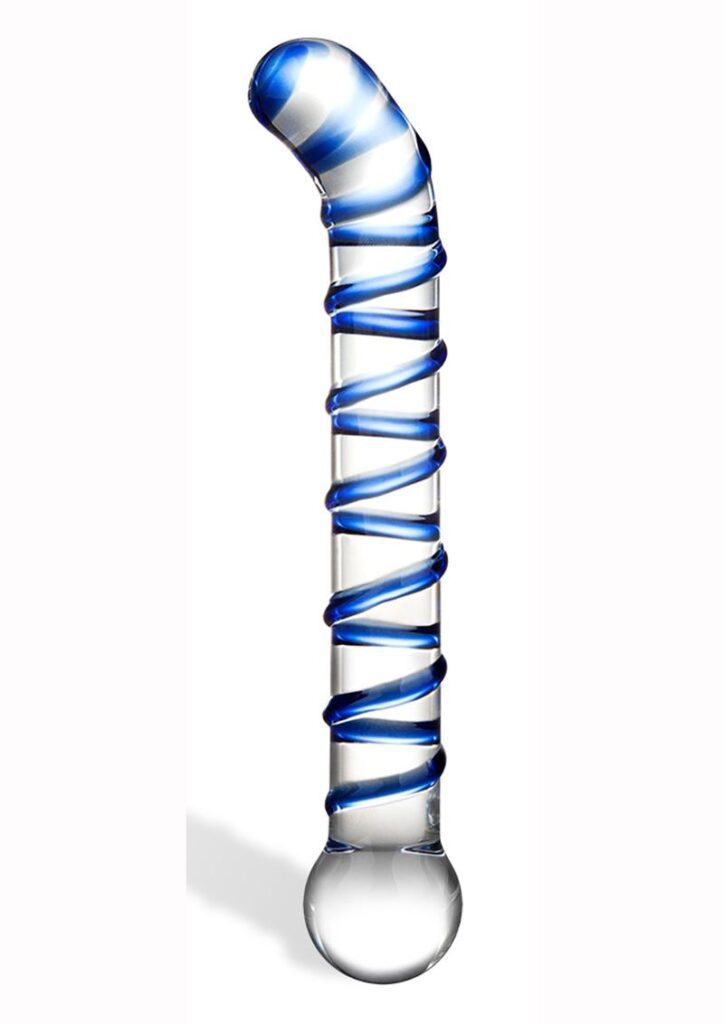Settle in for a night like no other. The Mr. Swirly G-Spot Glass Dildo is made from artisanally crafted borosilicate glass. The classy blue and clear glass design is specially configured to fit a wide range of body types. The Mr. Swirly G-Spot Glass Dildo easily doubles as a tool for both anal and vaginal stimulation. It is fracture resistant and hypoallergenic