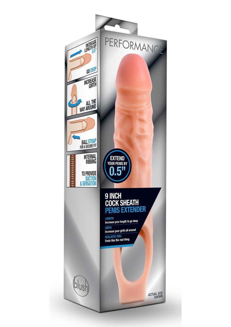 but bigger. Half inch longer and up to 1.5 inch thicker. The internal ribbing creates suction that holds the sheath securely on and delivers extra sensation to the wearer. Just your penis into the Performance 9 Sheath and then slide your testicles through the ball strap. This girthy sheath is perfect for extending your playtime. Made of ultrasoft X5 Plus. Lab Tested and Verified Body Safe. Silicone