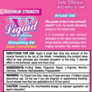 Liquid V is a maximum strength topical gel that amplifies pleasure for women immediately on contact. It is formulated to help women who want to enhance their personal experiences.      Achieve the ultimate pleasure!  Produces a tingling sensation  Helps increase pleasure  Perfect for women of all ages!  Maximum Strength
