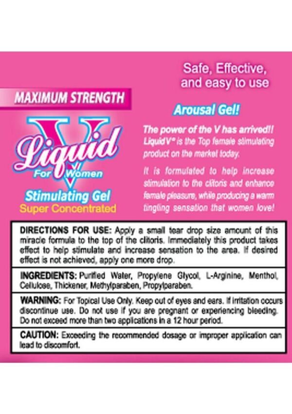 Liquid V is a maximum strength topical gel that amplifies pleasure for women immediately on contact. It is formulated to help women who want to enhance their personal experiences.      Achieve the ultimate pleasure!  Produces a tingling sensation  Helps increase pleasure  Perfect for women of all ages!  Maximum Strength