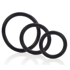 3 piece black rubber cock rings. Can be used for penis and scrotum. Small: 1 3/8 inch